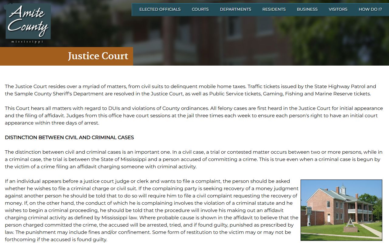 Amite County arrest records and court charges start at the Justice Court