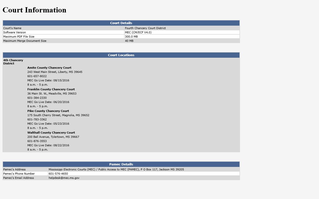 4th Chancery District MEC page for Amite County court dockets
