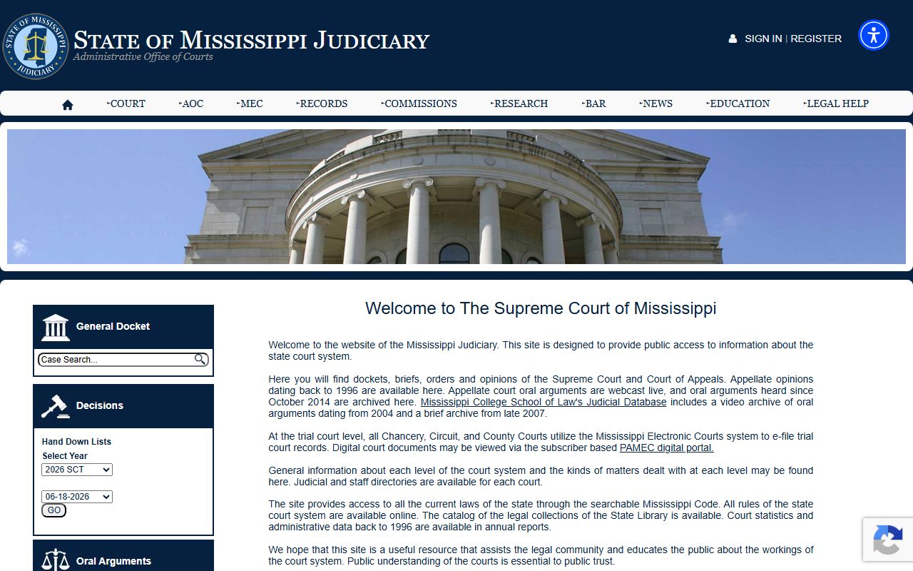 Mississippi Judiciary homepage used to reach Amite County court records