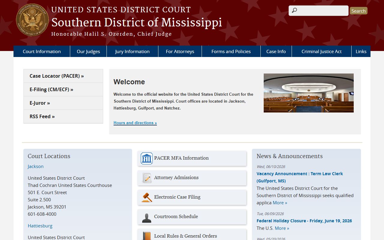 U.S. District Court Southern District of Mississippi homepage serving Amite County Circuit Court area