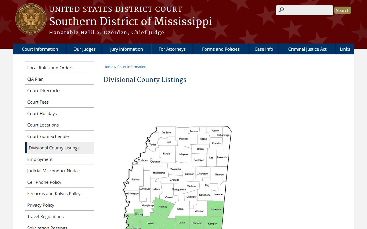 Southern District of Mississippi divisional county listing showing Amite County in the Western Division court records