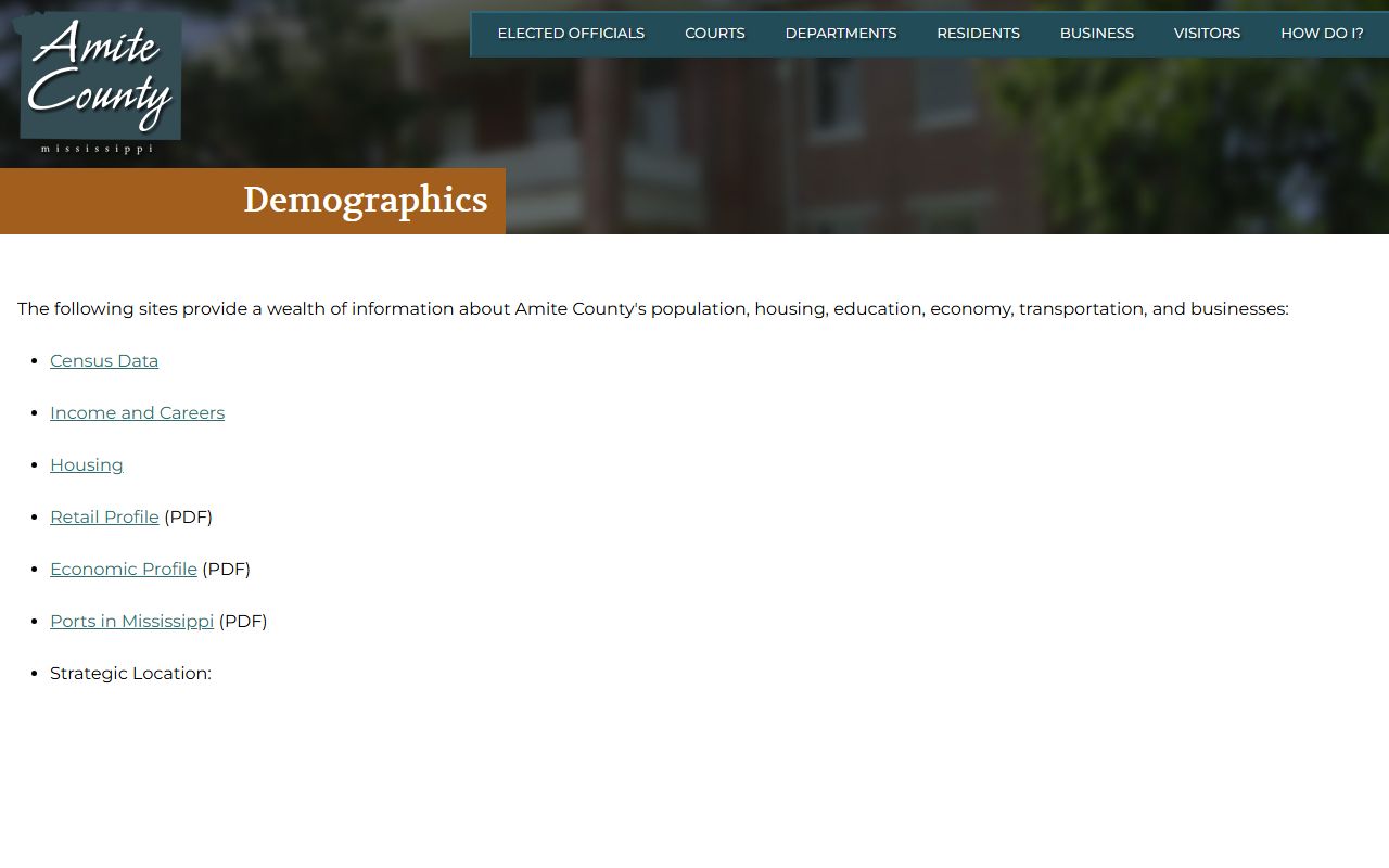 Amite County demographics page with population context for county court records users