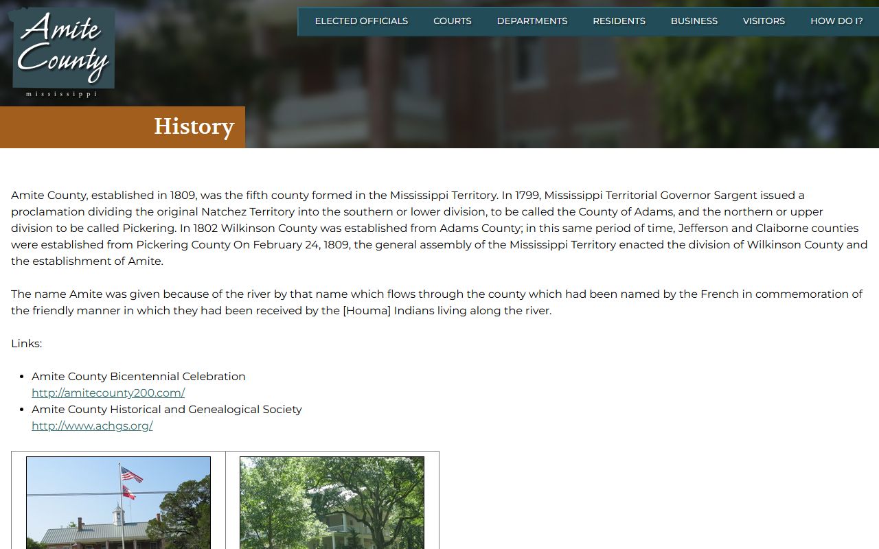Amite County official history page describing the 1809 founding and the county court seat at Liberty