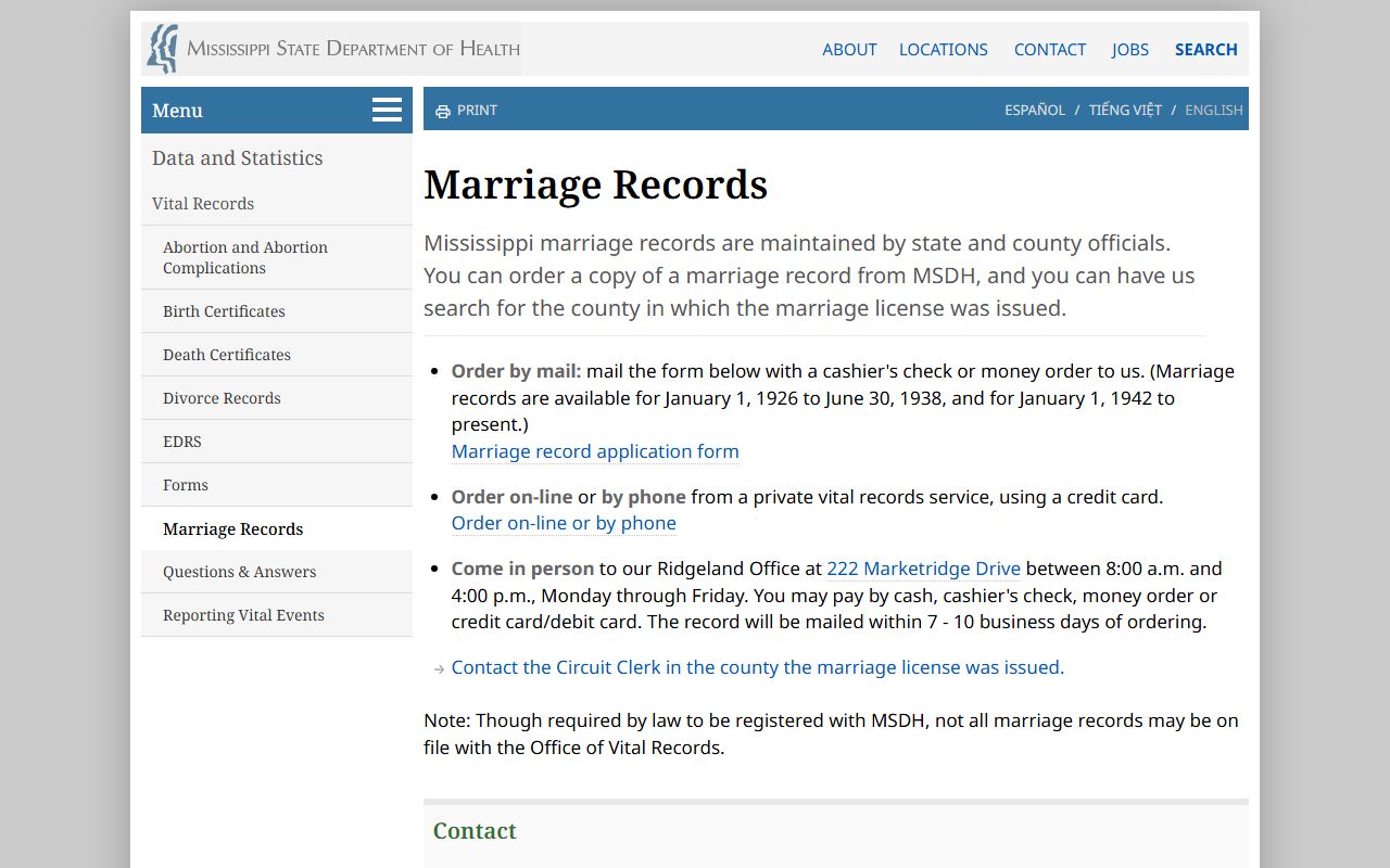 Amite County marriage records search page at the Mississippi State Department of Health