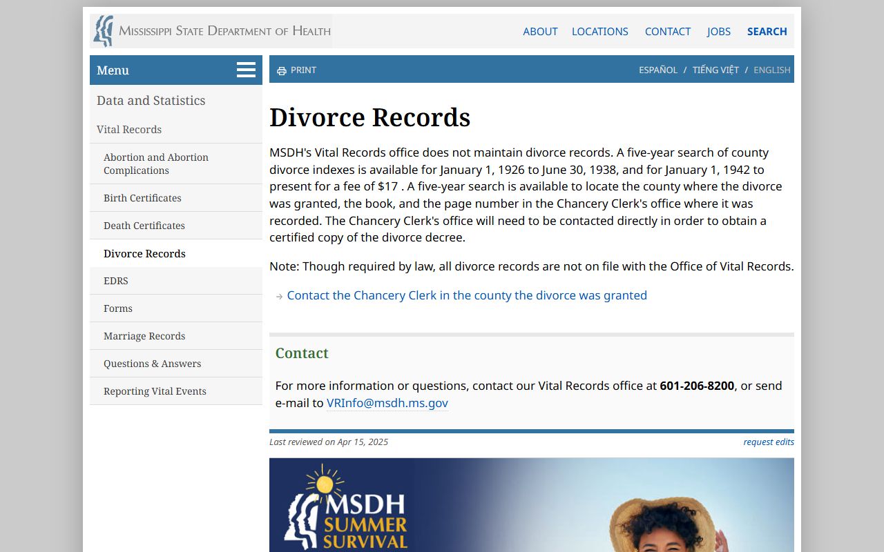 Amite County divorce records information page at the Mississippi State Department of Health