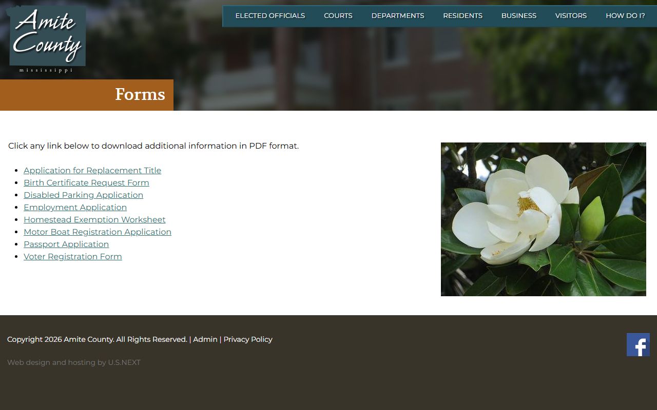 Amite County marriage and divorce records forms listed on the official county forms page