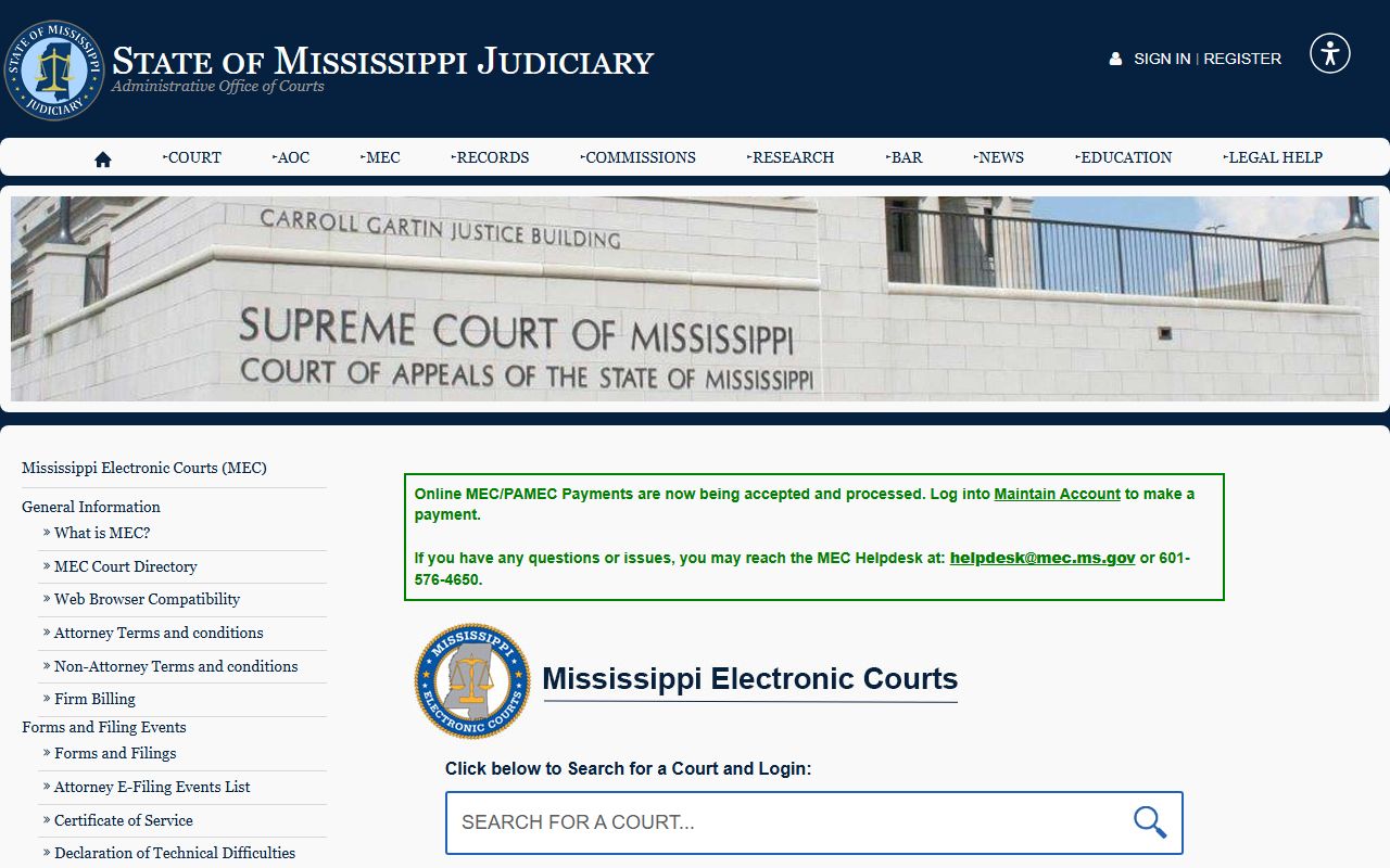Mississippi Electronic Courts page for Amite County probate and Chancery Court access