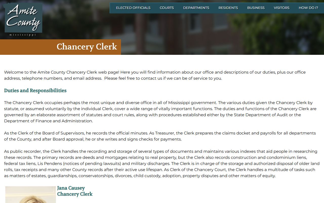 Official Amite County Chancery Clerk page used for probate records lookups