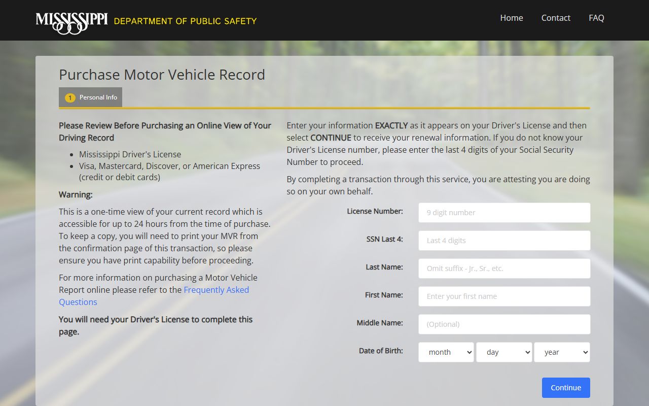 Amite County traffic drivers enter details on the Mississippi DPS MVR online portal